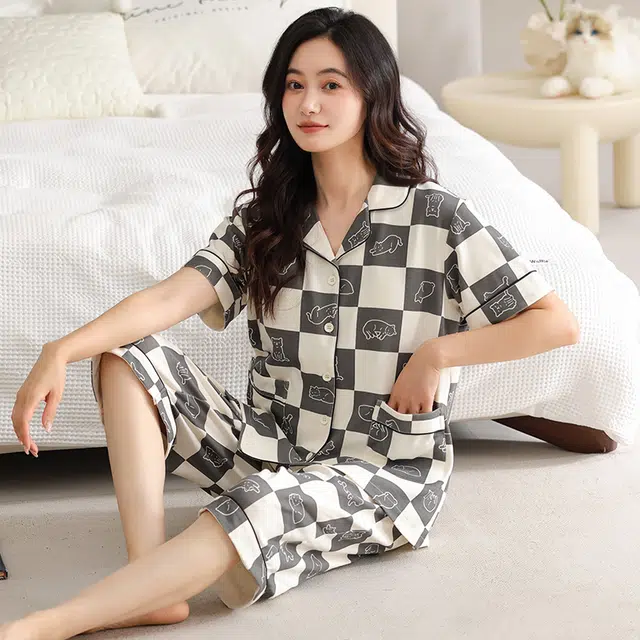 睦隆世家 短袖纯棉薄款舒适七分裤带胸垫家居服可外穿睡衣套装 女款