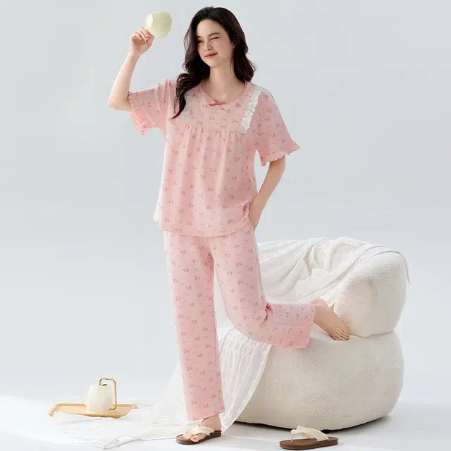 睦隆世家 卡通蕾丝蝴蝶结短袖家居服长裤夏季睡衣套装 女款