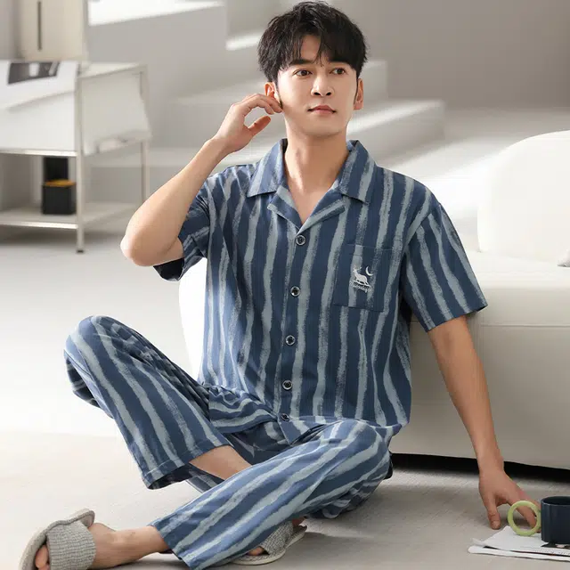 睦隆世家 短袖长裤舒适简约家居服可外穿夏季睡衣套装 男款