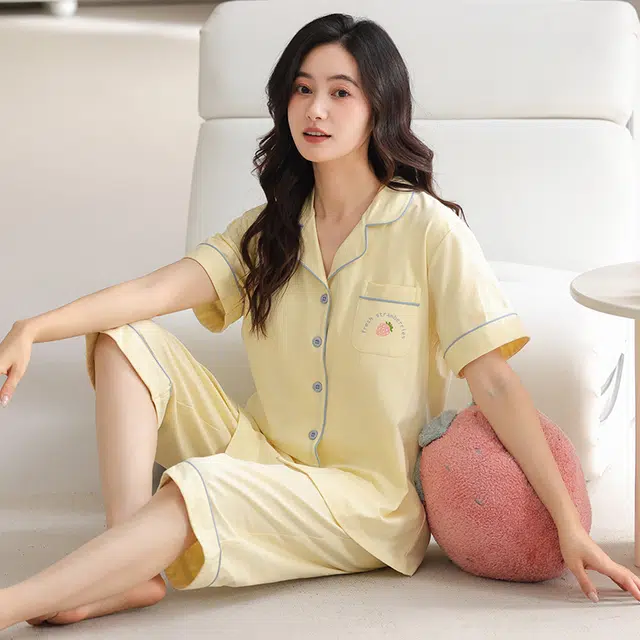睦隆世家 带胸垫短袖七分裤薄款休闲可外穿家居服睡衣套装 女款