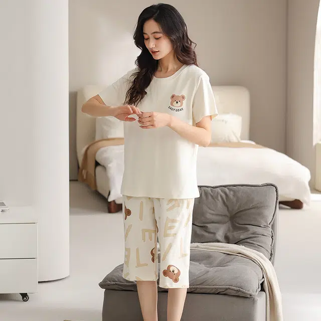 睦隆世家 纯棉薄款短袖休闲舒适可外穿家居服睡衣套装 女款