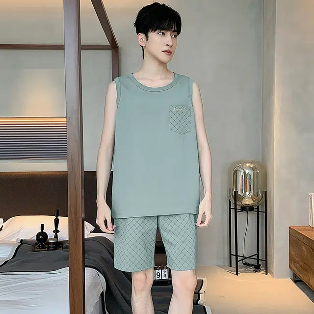 睦隆世家 背心纯棉无袖短裤休闲舒适宽松家居服可外穿睡衣套装 男款