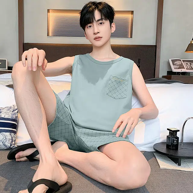 睦隆世家 背心纯棉无袖短裤休闲舒适宽松家居服可外穿睡衣套装 男款