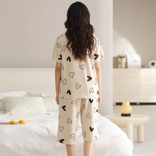 睦隆世家 带胸垫短袖七分裤薄款休闲舒适家居服睡衣套装 女款