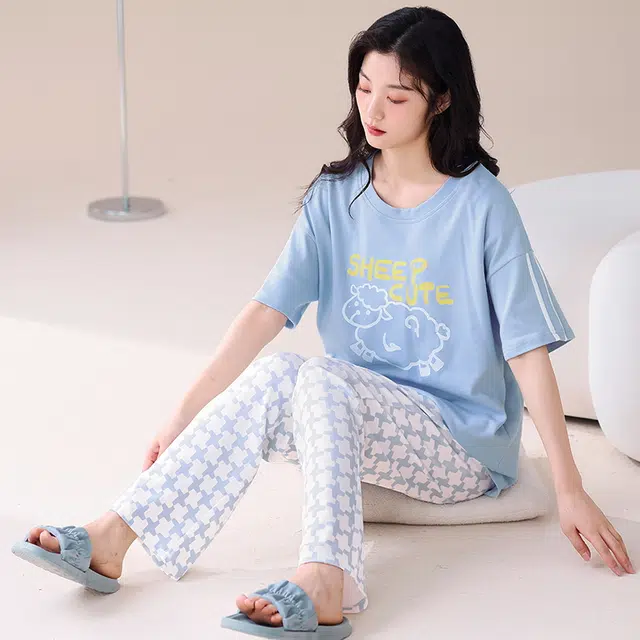 睦隆世家 可外穿出勤短袖长裤家居服纯棉带胸垫夏季睡衣套装 女款