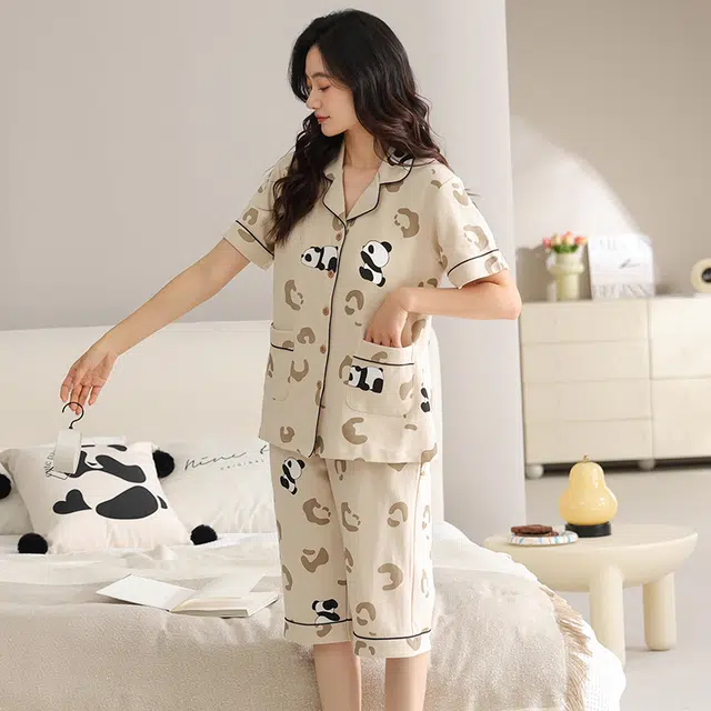 睦隆世家 短袖薄款七分裤带胸垫休闲家居服睡衣套装 女款