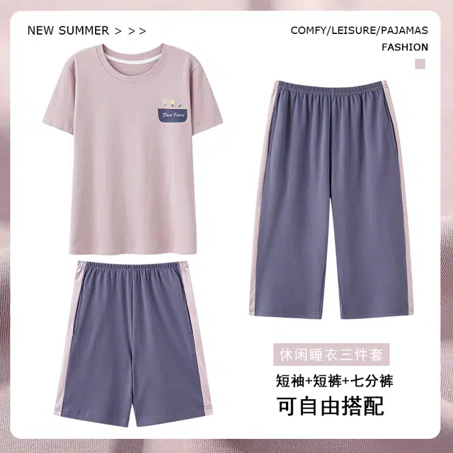 睦隆世家 纯棉短袖薄款休闲家居服可外穿睡衣套装 女款