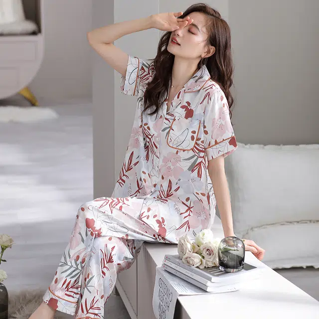 睦隆世家 冰丝短袖长裤家居服高级感薄款夏季睡衣套装 女款