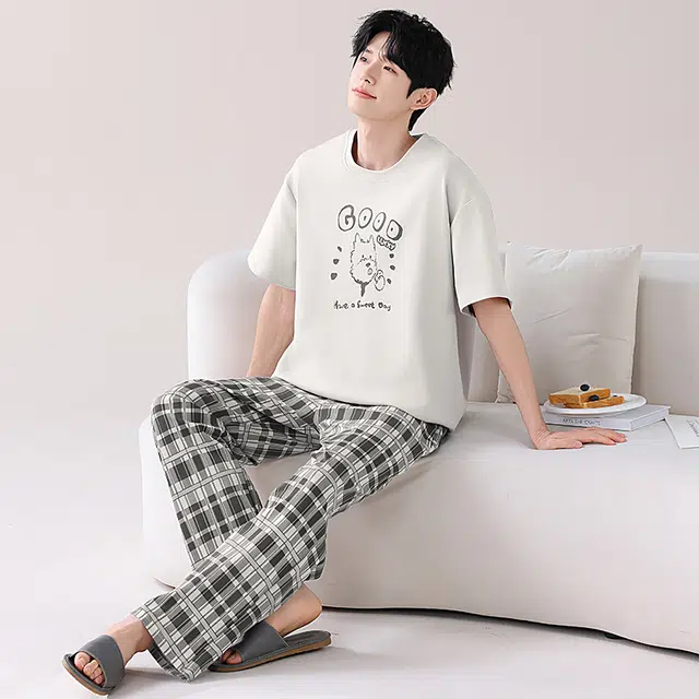 睦隆世家 纯棉短袖长裤可外穿家居服睡衣套装 男款