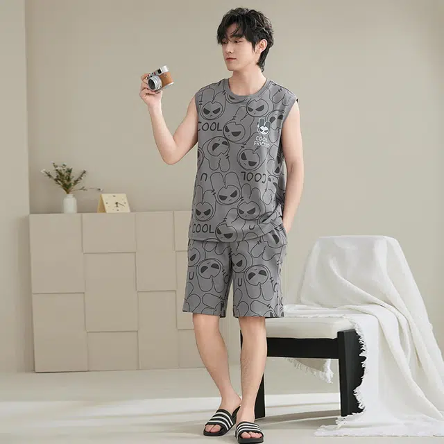 睦隆世家 背心短裤薄款无袖高级感加大码舒适家居服睡衣套装 男款