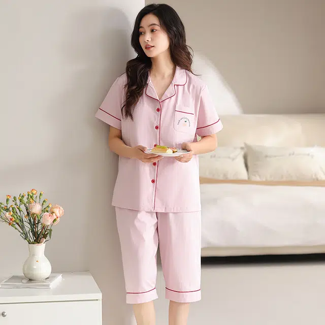 睦隆世家 带胸垫短袖七分裤薄款休闲舒适可外穿家居服睡衣套装 女款