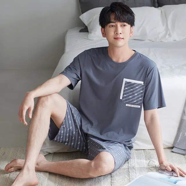 睦隆世家 凉感棉绸莫代尔短袖短裤家居服薄款冰丝睡衣套装 男款