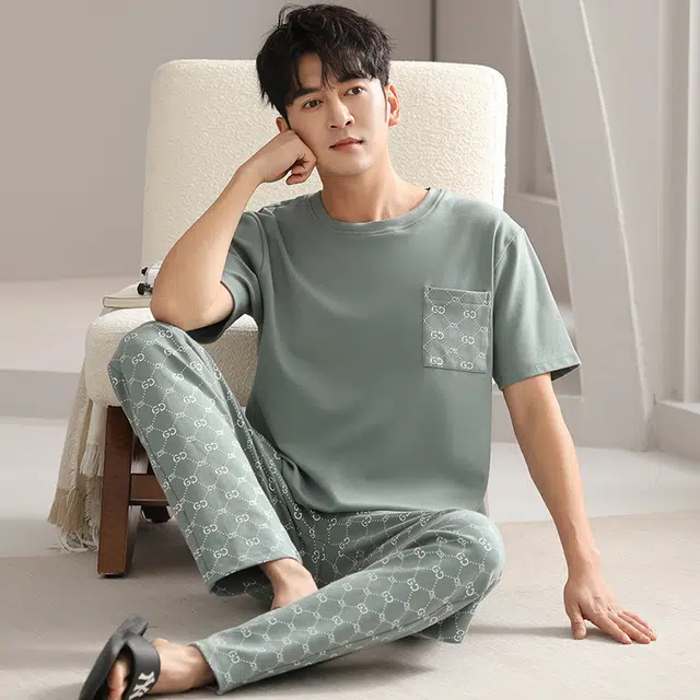 睦隆世家 纯棉长裤短袖舒适家居服可外穿夏季睡衣套装 男款
