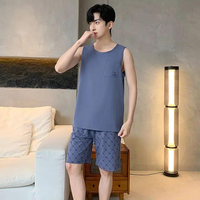 睦隆世家 背心纯棉薄款可外穿舒适无袖全棉家居服睡衣套装 男款