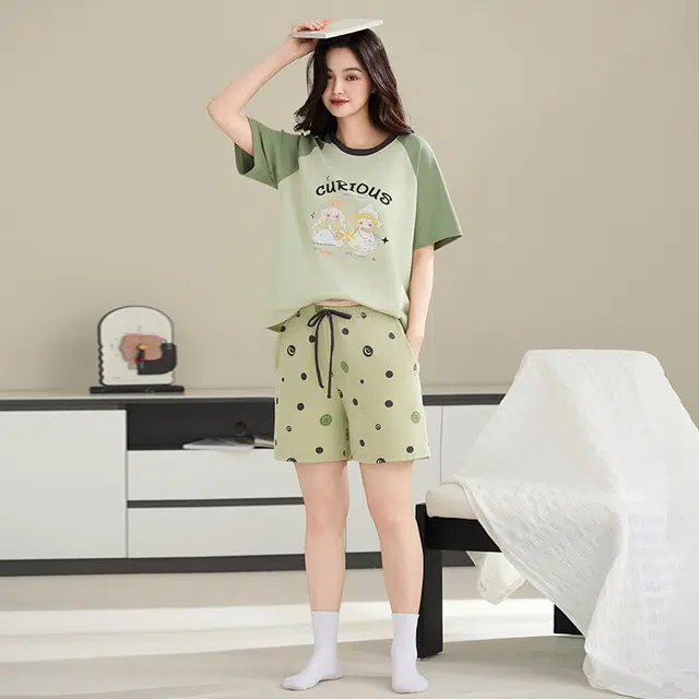 睦隆世家 加大码家居服短袖短裤薄款卡通睡衣套装 女款