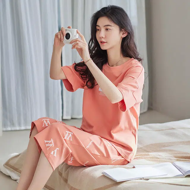 睦隆世家 睡衣女士短袖夏季纯棉休闲薄款夏天可外穿七分裤圆领全棉家居服  套装  橙色