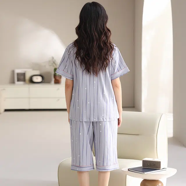 睦隆世家 夏季纯棉开衫短袖七分裤薄款甜美休闲加大码家居服睡衣套装 女款