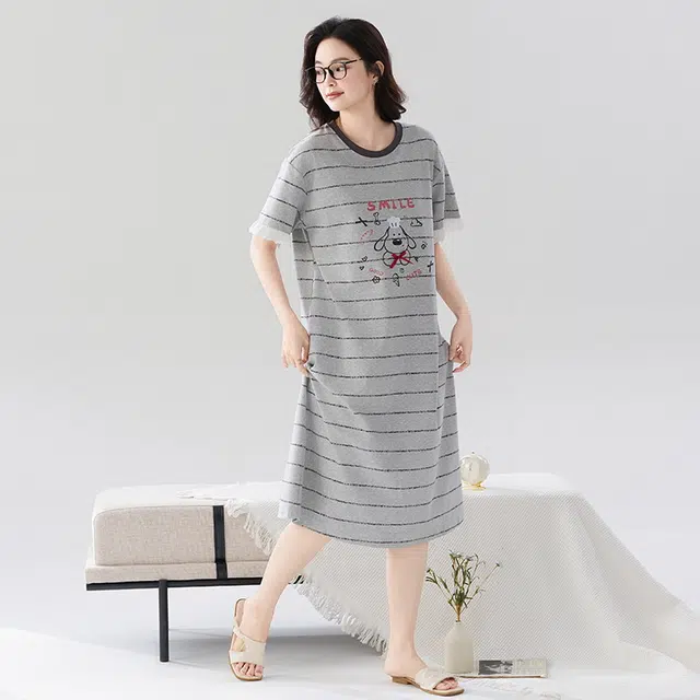 睦隆世家 卡通纯棉短袖中长款大码舒适家居服夏季睡裙 女款