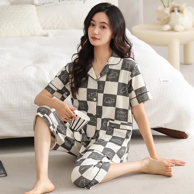 睦隆世家 短袖纯棉薄款舒适七分裤带胸垫家居服可外穿睡衣套装 女款