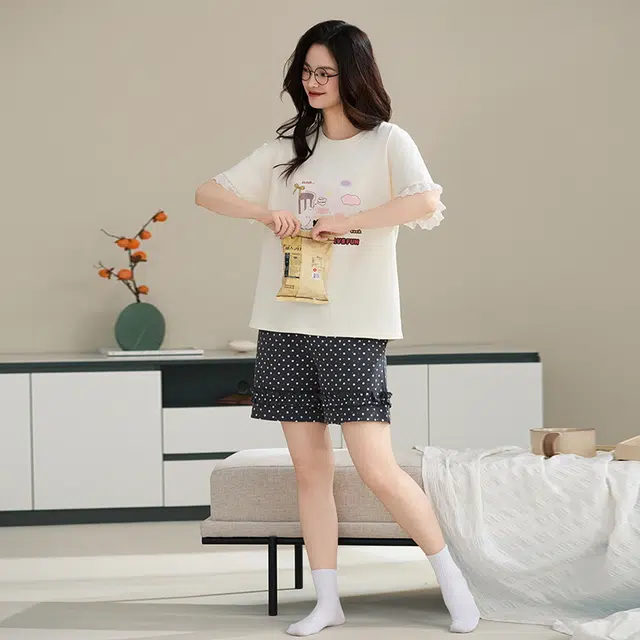 睦隆世家 家居服纯棉短袖三分裤卡通加大码睡衣套装 女款