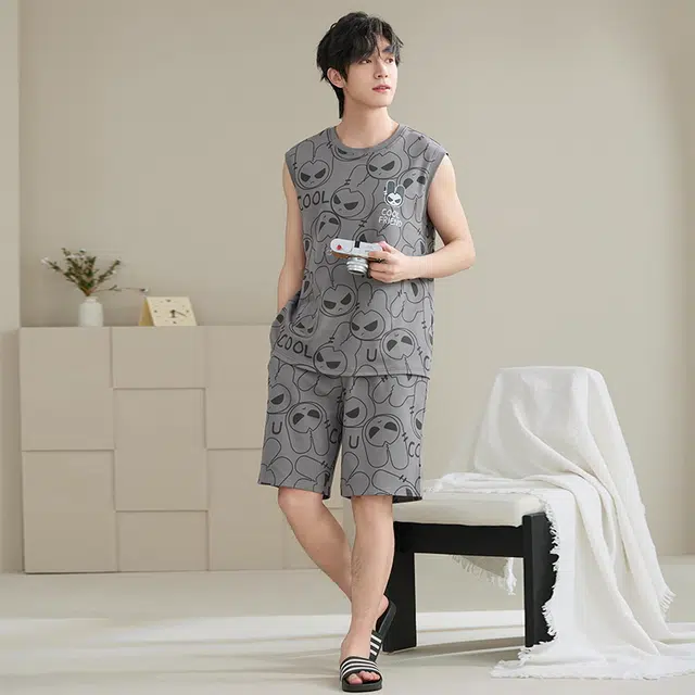 睦隆世家 背心短裤薄款无袖高级感加大码舒适家居服睡衣套装 男款