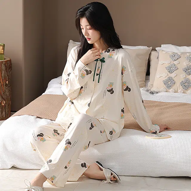 睦隆世家 新中式长袖开衫国风天丝棉长袖家居服高级感睡衣套装 女款