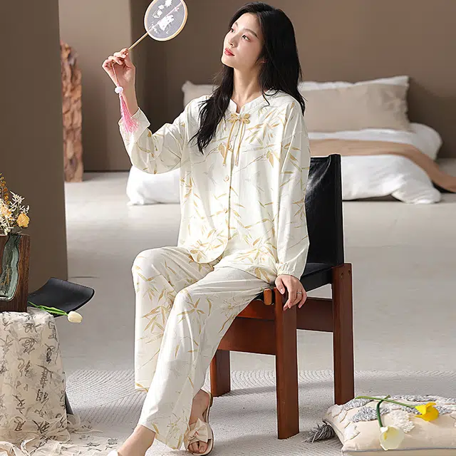睦隆世家 中国风高级感天丝棉圆领长袖长裤家居服睡衣套装 女款