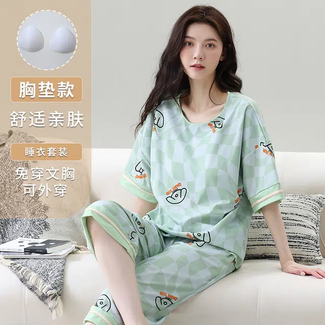 睦隆世家 冰丝带胸垫短袖七分裤套头大码薄款可外穿家居服睡衣套装 女款