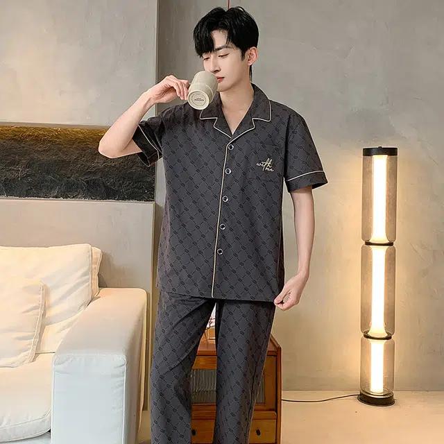 睦隆世家 纯棉短袖长裤舒适简约家居服可外穿睡衣套装 男款