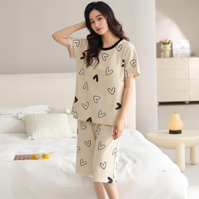 睦隆世家 带胸垫短袖七分裤薄款休闲舒适家居服睡衣套装 女款
