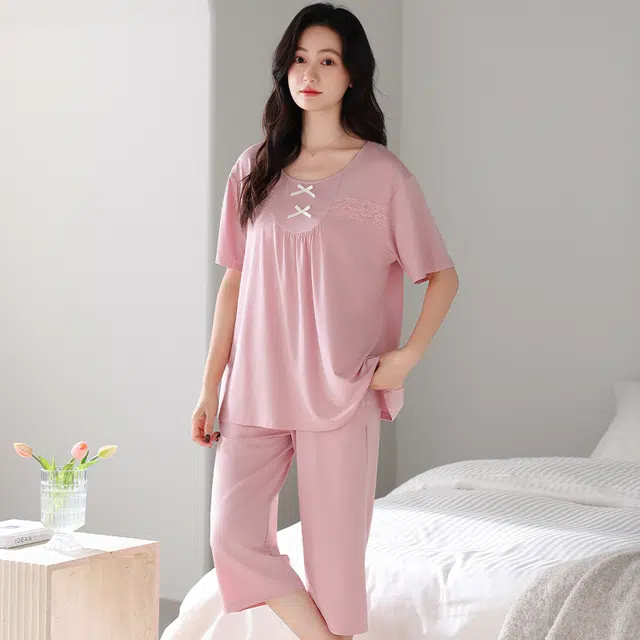 睦隆世家 短袖七分裤薄款冰丝纯色家居服夏季睡衣套装 女款