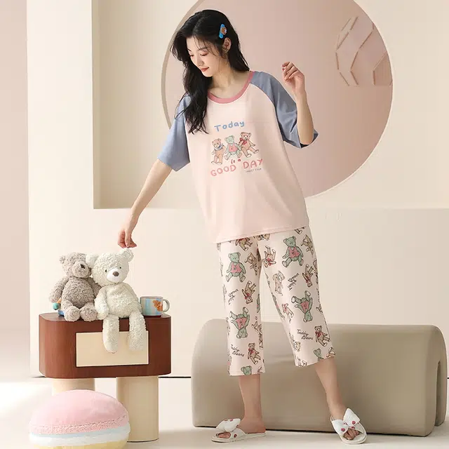 睦隆世家 纯棉短袖简约舒适休闲家居服可外穿睡衣套装 女款