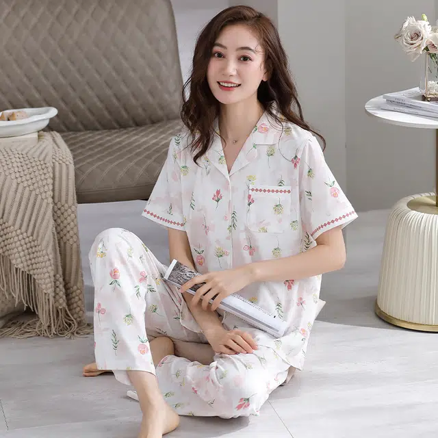 睦隆世家 开衫凉感短袖上衣家居服长裤夏季睡衣套装 女款