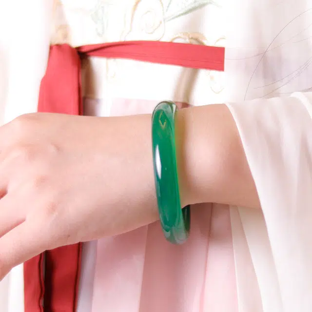 彗时珠宝 清透绿玉石国风青绿玉髓手镯 百搭古风精致古风汉服旗袍轻奢镯子 新中式玛瑙手镯细厚手饰玉石女款