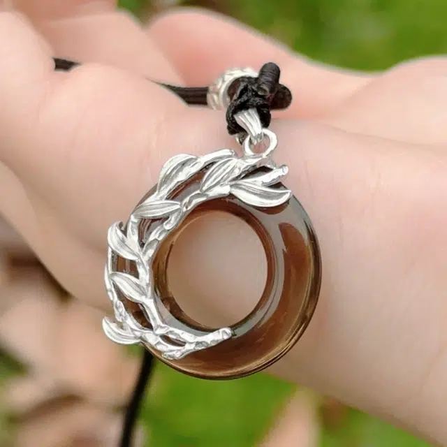 彗时 三生三世十里桃花平安扣吊坠 精致立体纹理挂坠文艺简约手工编绳夕七送礼盒物 玉髓 玉石项链 男女同款情侣款