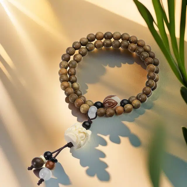 彗时 狮来运转考试考研上岸好运莲莲新中式国潮国风夕七男朋友女朋友佛珠双圈文艺 叠戴素盘串物 菩提 手串 男女同款情侣款 绿檀