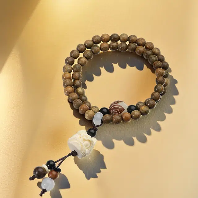 彗时 狮来运转考试考研上岸好运莲莲新中式国潮国风夕七男朋友女朋友佛珠双圈文艺 叠戴素盘串物 菩提 手串 男女同款情侣款 绿檀