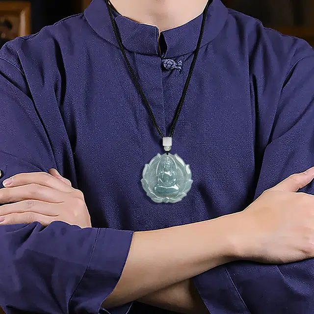 彗时 莲花净瓶蓝水观音吊坠 雕刻轻奢 轻奢复古小众设计转运平安 送长辈朋友送礼盒物 糯种 翡翠项链 男女同款情侣款