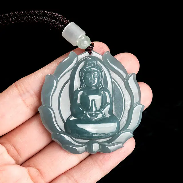 彗时 莲花净瓶蓝水观音吊坠 雕刻轻奢 轻奢复古小众设计转运平安 送长辈朋友送礼盒物 糯种 翡翠项链 男女同款情侣款