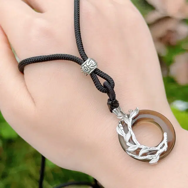 彗时 三生三世十里桃花平安扣吊坠 精致立体纹理挂坠文艺简约手工编绳夕七送礼盒物 玉髓 玉石项链 男女同款情侣款