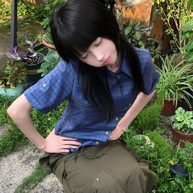 依钗 休闲新中式简约短袖复古格子别致小众设计感衬衫 女款