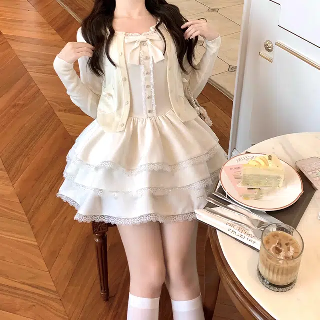 依钗 夏季出游穿搭甜美时尚蓬蓬蛋糕裙法式独特纯色长袖开衫外套两件套蝴蝶结收腰连衣裙白色小个子裙装套装 女款