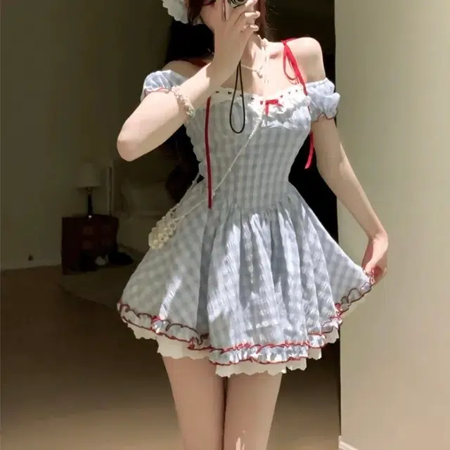 依钗 法式莫奈花园风拼色高腰方领收腰甜美时尚蓬蓬蛋糕裙短袖连衣裙 女款