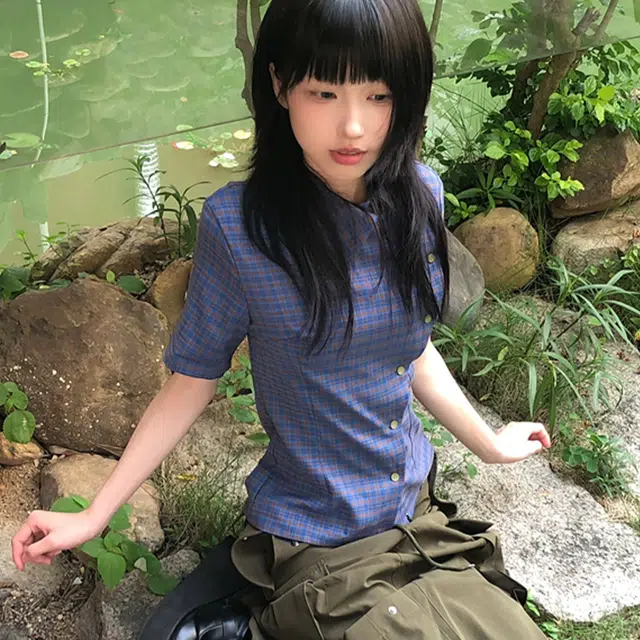 依钗 休闲新中式简约短袖复古格子别致小众设计感衬衫 女款