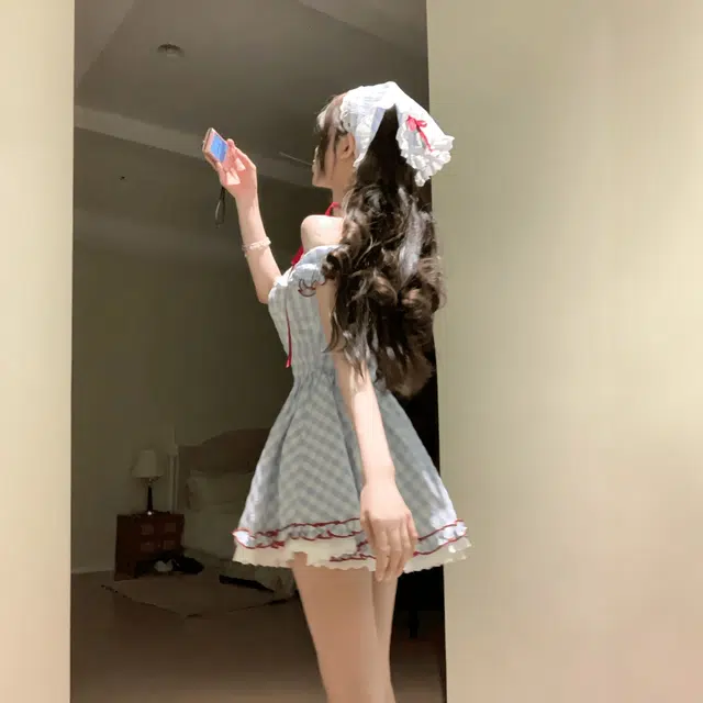 依钗 法式莫奈花园风拼色高腰方领收腰甜美时尚蓬蓬蛋糕裙短袖连衣裙 女款