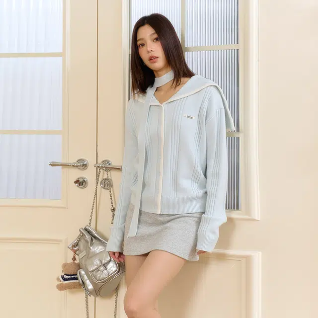 困住大象 慵懒学院风韩系海军领通勤长袖温柔设计感针织衫 女款 浅蓝色礼盒款