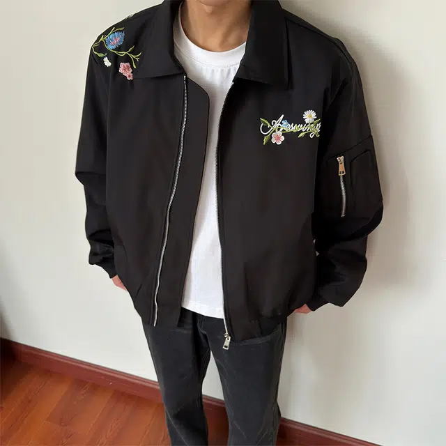 费尔岛上的猫 美式高街复古刺绣花卉连肩宽松翻领百搭夹克 男款