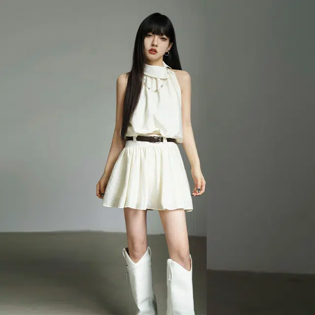 依钗 辣妹时尚无袖露肩花苞挂脖上衣吊带背心短款半身裙两件套【月光沙烁】裙装套装 女款
