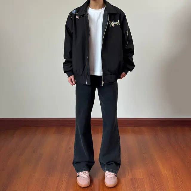 费尔岛上的猫 美式高街复古刺绣花卉连肩宽松翻领百搭夹克 男款