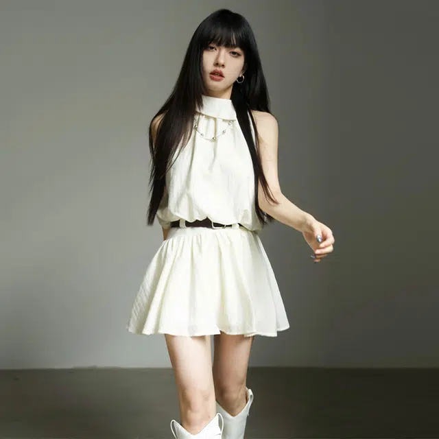 依钗 辣妹时尚无袖露肩花苞挂脖上衣吊带背心短款半身裙两件套【月光沙烁】裙装套装 女款